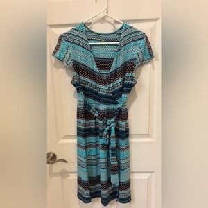 Dakini Teal and Black Patterned Midi Dress with Tie Waist